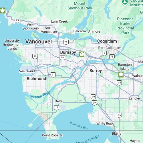 Map-style view representing Shadow Shine service coverage in Greater Vancouver